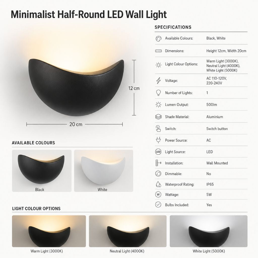 Half-Moon Aluminum LED Sconce – 5W Low-Profile Fixture for Bedroom, Hallway & Porch – IP65 Weatherproof Wall Lighting 3000K-5000K