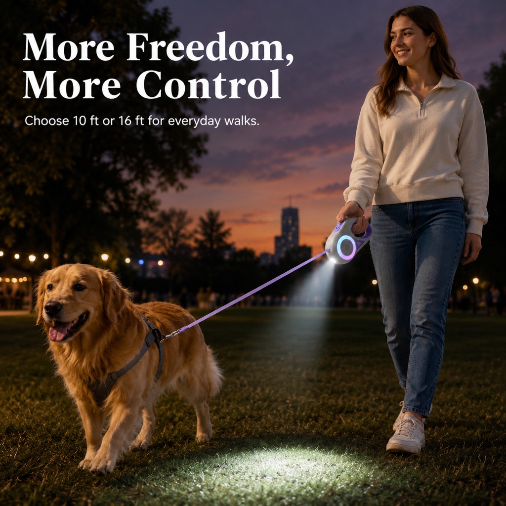 Ortekor LED Retractable Dog Leash for Night Walks - Light-Up Dog Leash with Built-In Spotlight, RGB Side Glow & One-Touch Brake for Safer Evening Walks