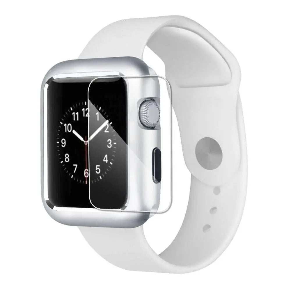 Armored Tempered Glass Watch Shield with Metal-Look Bumper Cover for Apple Watch 38mm-44mm Series 1-6