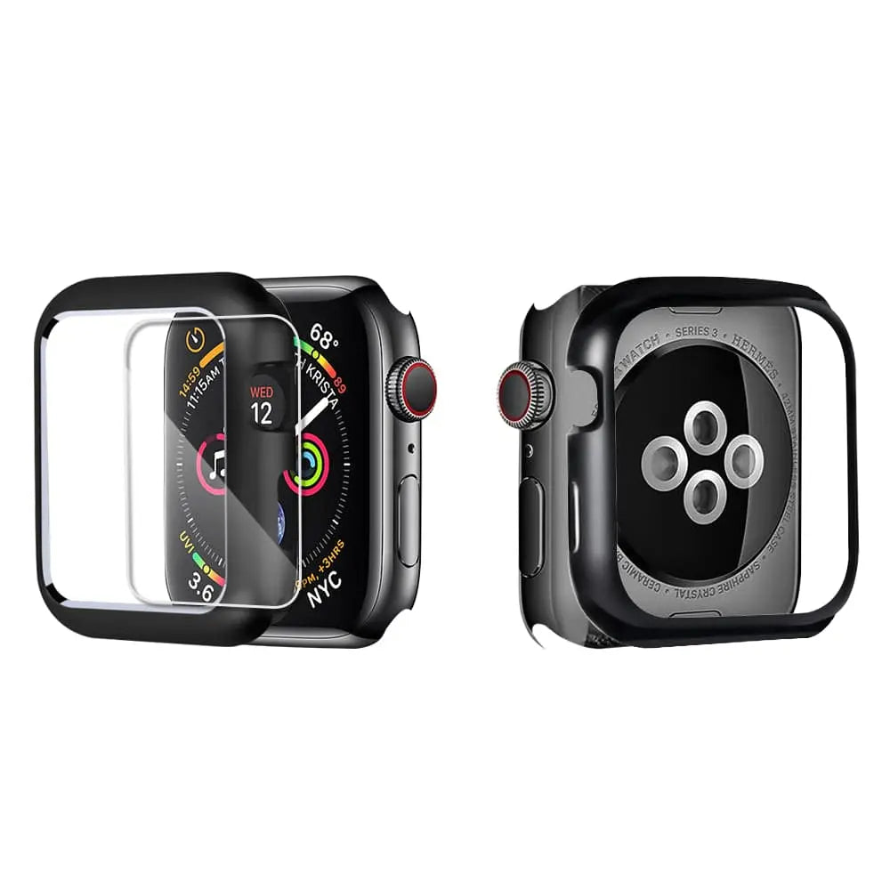 Armored Tempered Glass Watch Shield with Metal-Look Bumper Cover for Apple Watch 38mm-44mm Series 1-6