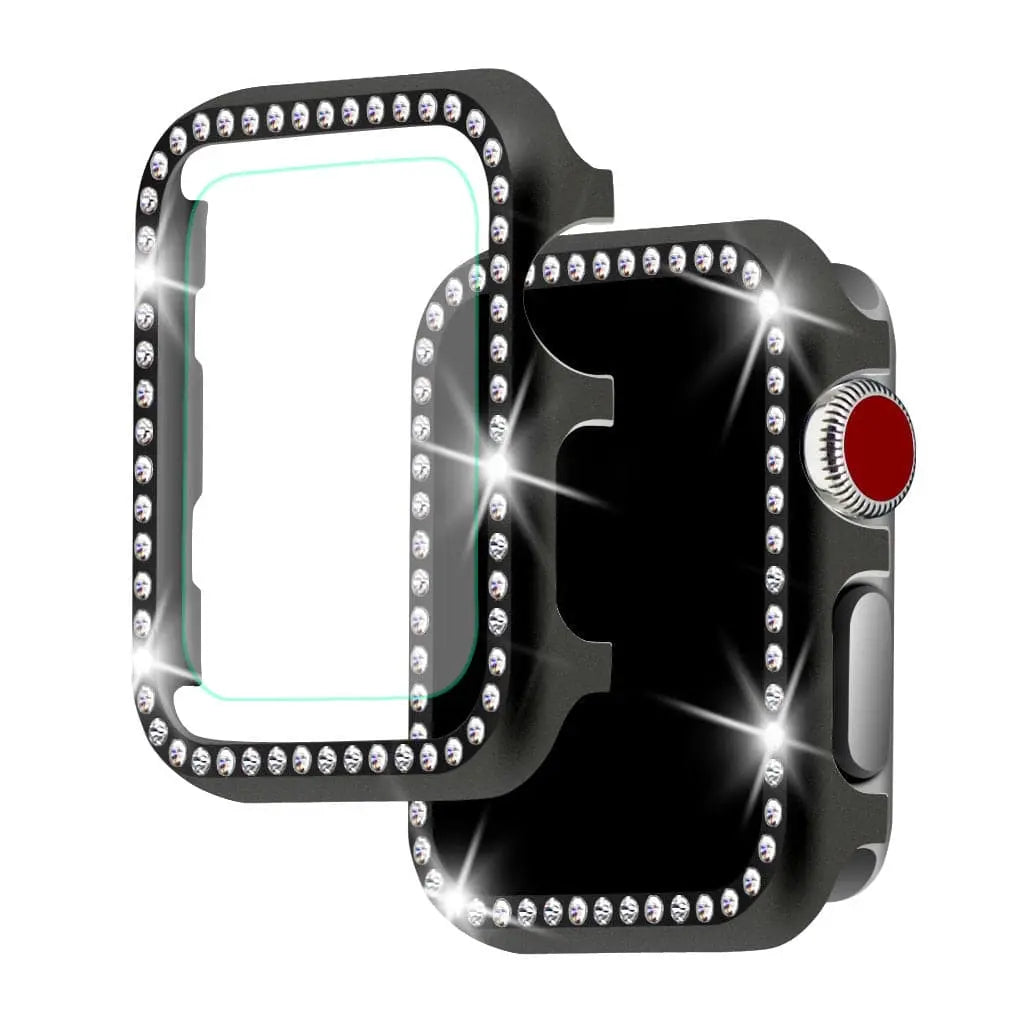 Crystal-Accented Protective Shell for Apple Smartwatch – 38mm 40mm 42mm 44mm Sizes – Jewelry-Style Bezel Guard with Tempered Screen Shield