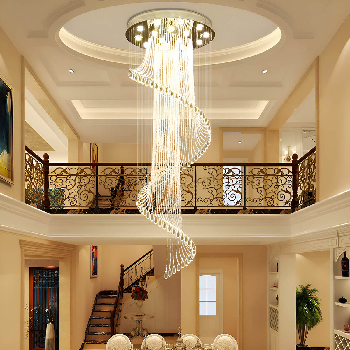 Spiral Crystal Raindrop Chandelier Chrome Finish Contemporary Lighting for Staircase Foyer High Ceiling Entryway Multi-Tier LED Fixture
