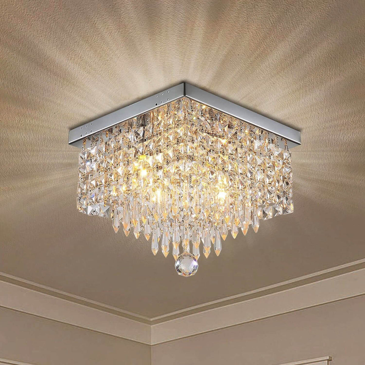 Crystal Flush Mount Ceiling Light 4-Light Chrome Finish for Hallway Bedroom Living Room Dining Room Kitchen Entry Contemporary Lighting