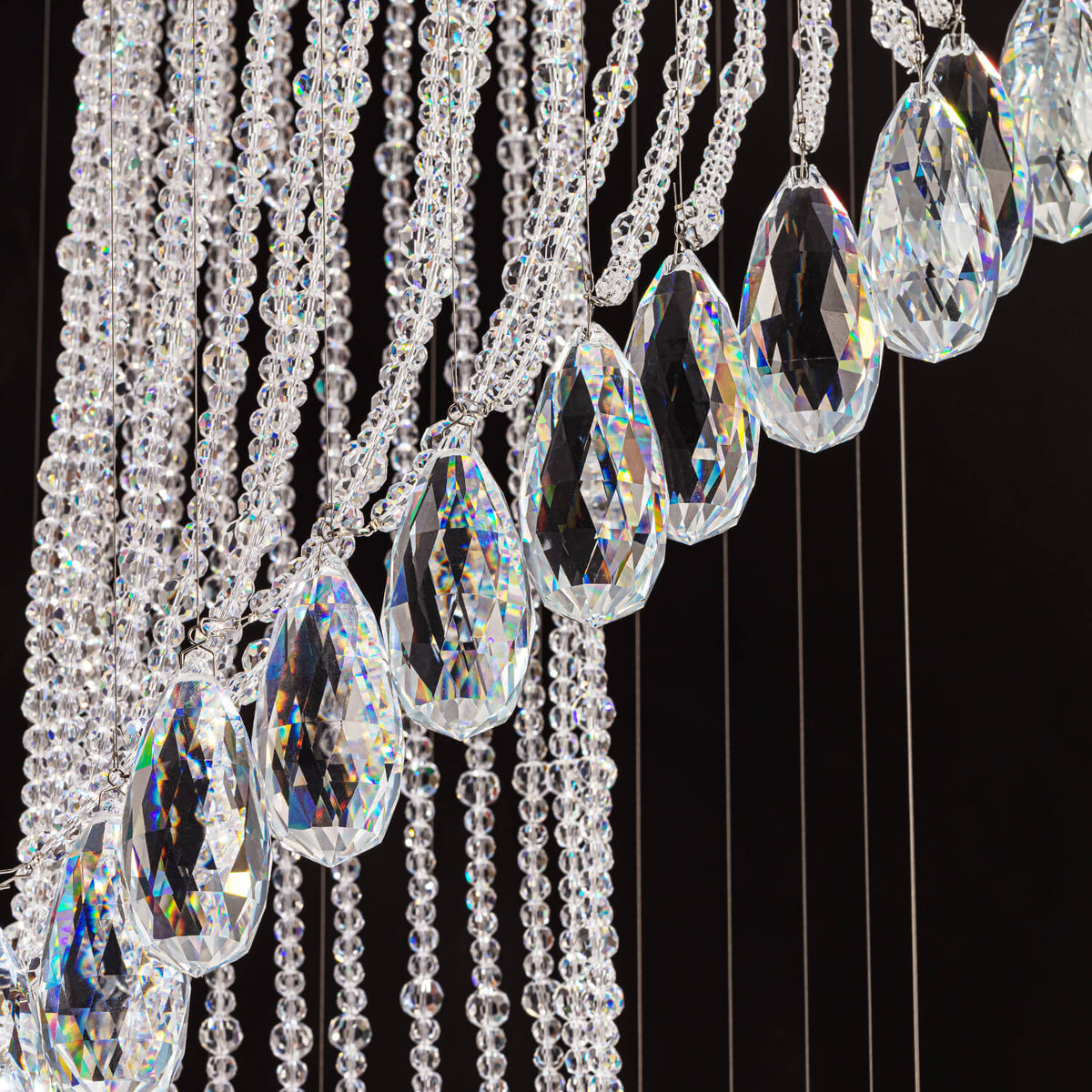 Hanging Light Fixture Cascading Crystal Strands Chrome 47 Inches Tall for Two-Story Foyer Stairwell Hallway Living Room High Ceiling Vertica
