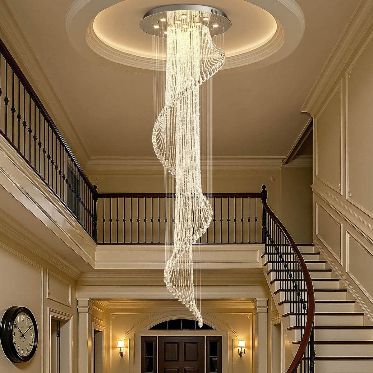 Hanging Light Fixture Cascading Crystal Strands Chrome 47 Inches Tall for Two-Story Foyer Stairwell Hallway Living Room High Ceiling Vertica