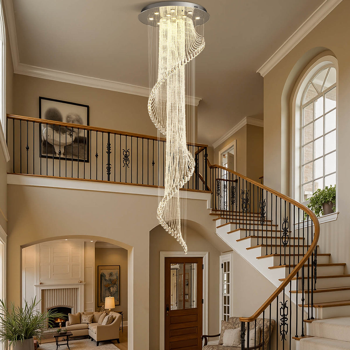Hanging Light Fixture Cascading Crystal Strands Chrome 47 Inches Tall for Two-Story Foyer Stairwell Hallway Living Room High Ceiling Vertica