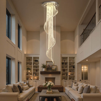 Spiral Crystal Raindrop Chandelier Chrome Finish Contemporary Lighting for Staircase Foyer High Ceiling Entryway Multi-Tier LED Fixture
