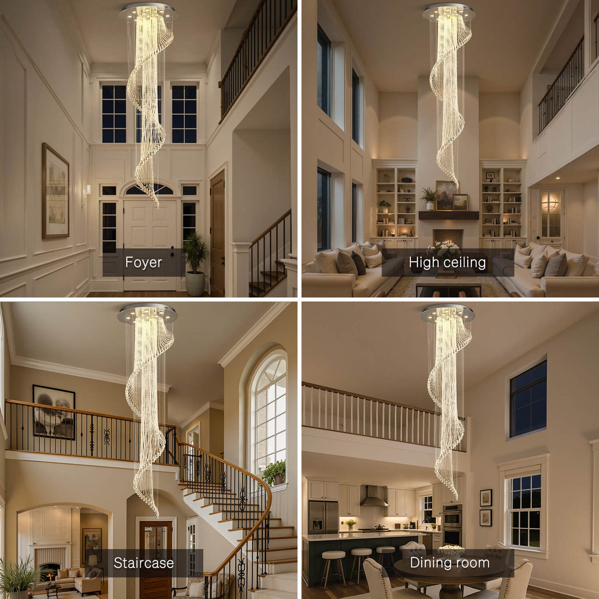Hanging Light Fixture Cascading Crystal Strands Chrome 47 Inches Tall for Two-Story Foyer Stairwell Hallway Living Room High Ceiling Vertica