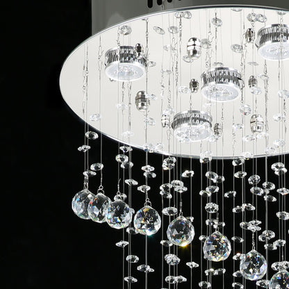 Hanging Raindrop Chandelier with Multi-Tier Clear Faceted Beads & Polished Metal Canopy for Foyer & Stairwell