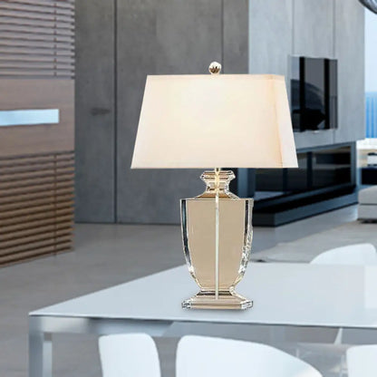 Hand-Cut Crystal Table Lamp with White Drum Shade for Living Room & Bedroom Decor | Urn Design Classic Lighting 16 Inch Wide Bedside Light