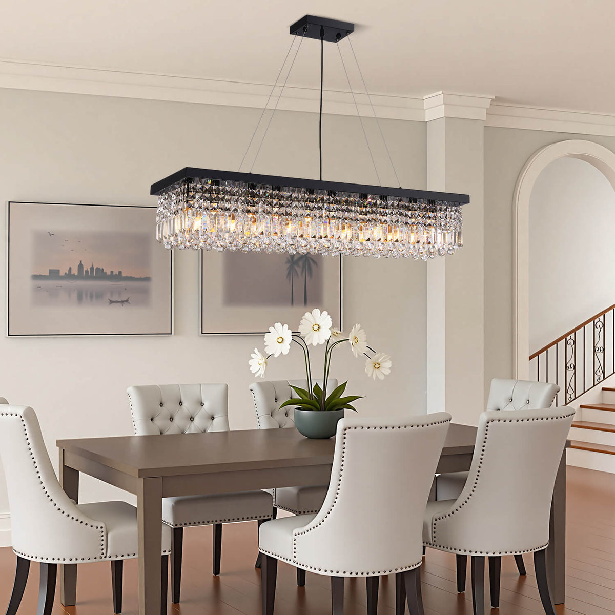 Linear Crystal Pendant Light 47 in Matte Black Rectangular Hanging Fixture for Kitchen Island Dining Table Modern Raindrop Lighting