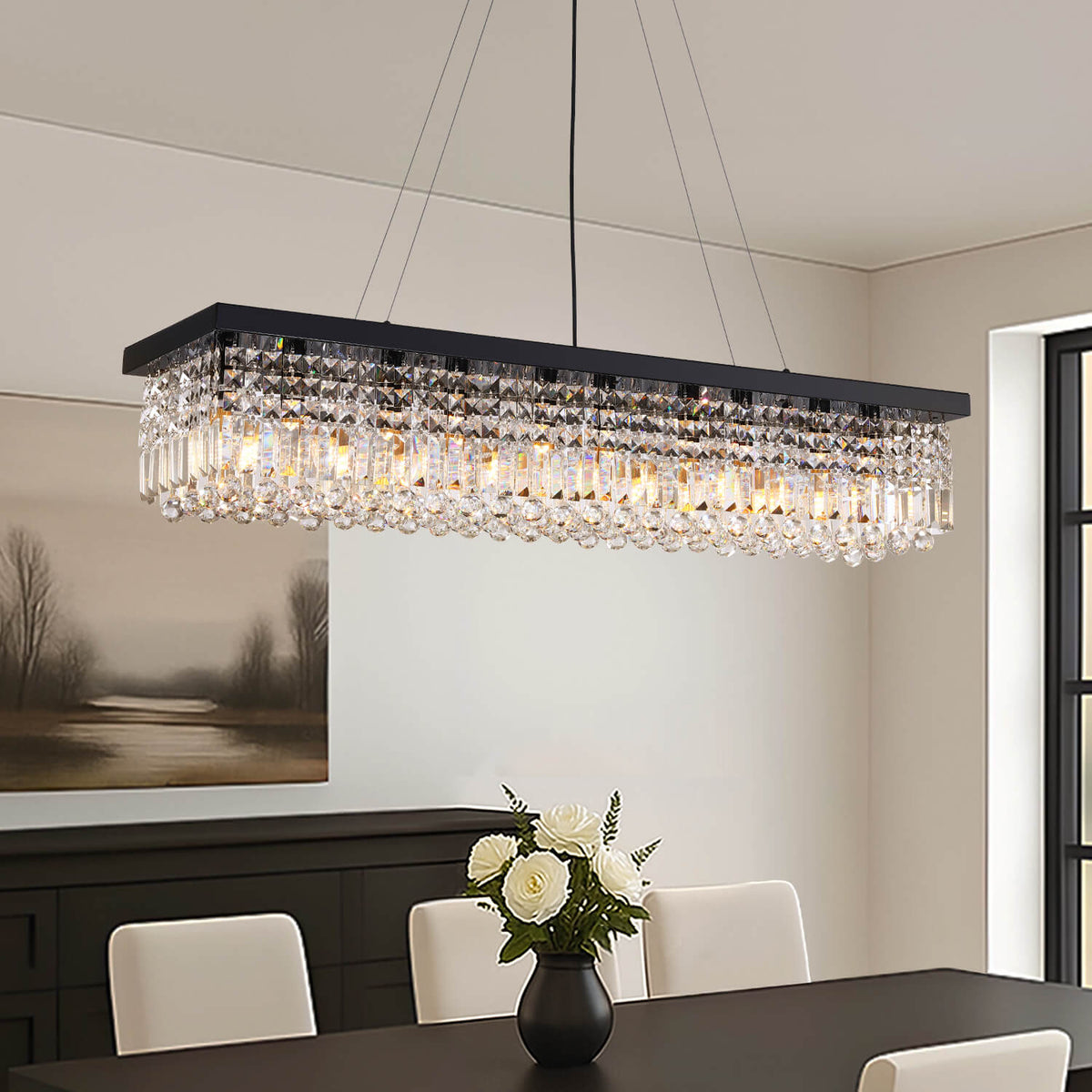 Linear Crystal Chandelier Black Metal Frame Dining Room Kitchen Island Pendant Raindrop E12 Multi-Light Fixture Adjustable Height