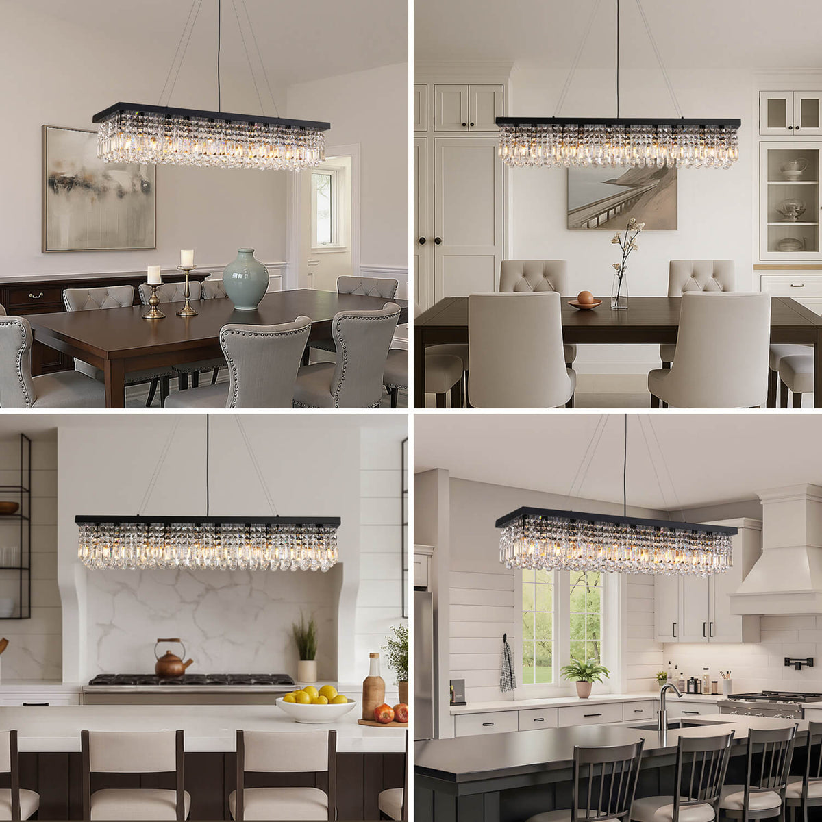 Linear Crystal Chandelier Black Metal Frame Dining Room Kitchen Island Pendant Raindrop E12 Multi-Light Fixture Adjustable Height