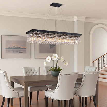 Linear Crystal Chandelier Black Metal Frame Dining Room Kitchen Island Pendant Raindrop E12 Multi-Light Fixture Adjustable Height