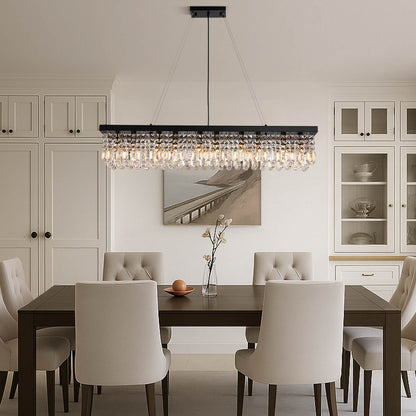 Linear Crystal Chandelier Black Metal Frame Dining Room Kitchen Island Pendant Raindrop E12 Multi-Light Fixture Adjustable Height