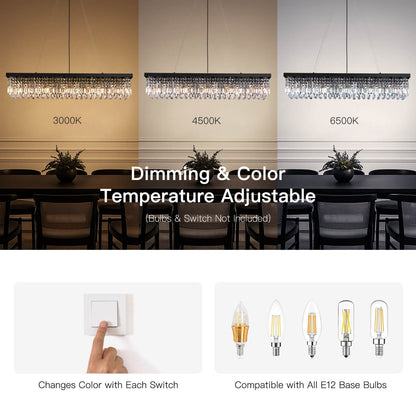 Linear Crystal Chandelier Black Metal Frame Dining Room Kitchen Island Pendant Raindrop E12 Multi-Light Fixture Adjustable Height