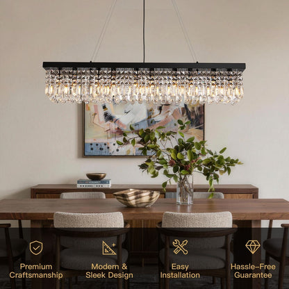 Linear Crystal Chandelier Black Metal Frame Dining Room Kitchen Island Pendant Raindrop E12 Multi-Light Fixture Adjustable Height