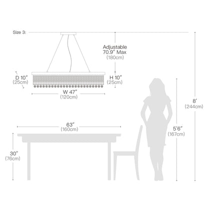 Linear Crystal Pendant Light 47 in Matte Black Rectangular Hanging Fixture for Kitchen Island Dining Table Modern Raindrop Lighting