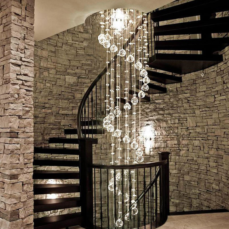 Hanging Raindrop Chandelier with Multi-Tier Clear Faceted Beads & Polished Metal Canopy for Foyer & Stairwell