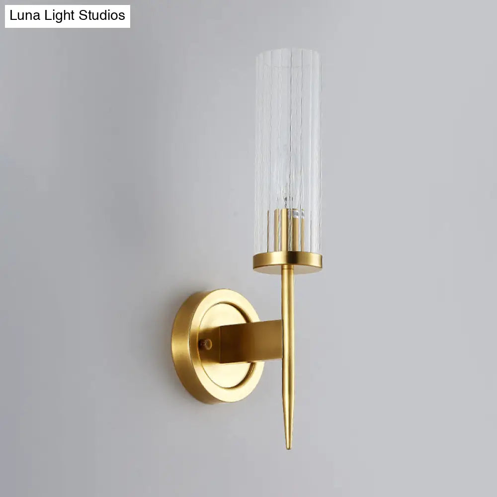 Cylinder Wall Sconce Light Fixture Gold Finish Clear Prism Glass Shade Corner Mount Modern Hallway Bedroom Bathroom Entryway Lighting