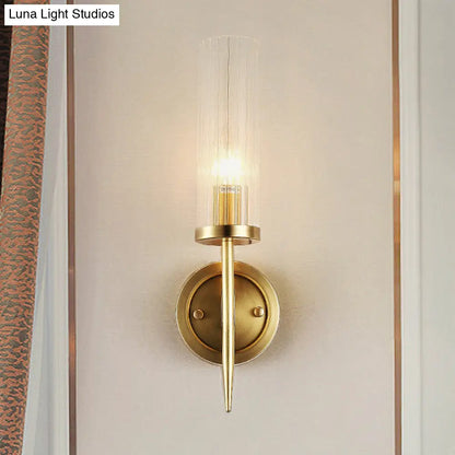 Cylinder Wall Sconce Light Fixture Gold Finish Clear Prism Glass Shade Corner Mount Modern Hallway Bedroom Bathroom Entryway Lighting