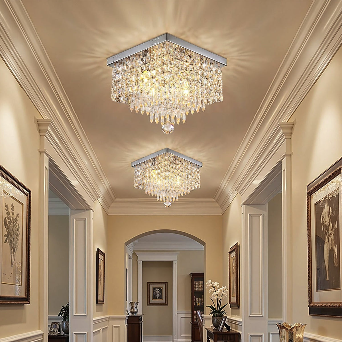 Crystal Flush Mount Ceiling Light 4-Light Chrome Finish for Hallway Bedroom Living Room Dining Room Kitchen Entry Contemporary Lighting