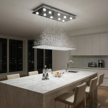 Rectangular Crystal Chandelier with Pyramid Design, 10-Light Stainless Steel Hanging Fixture for Dining Room, Kitchen Island & Living Room