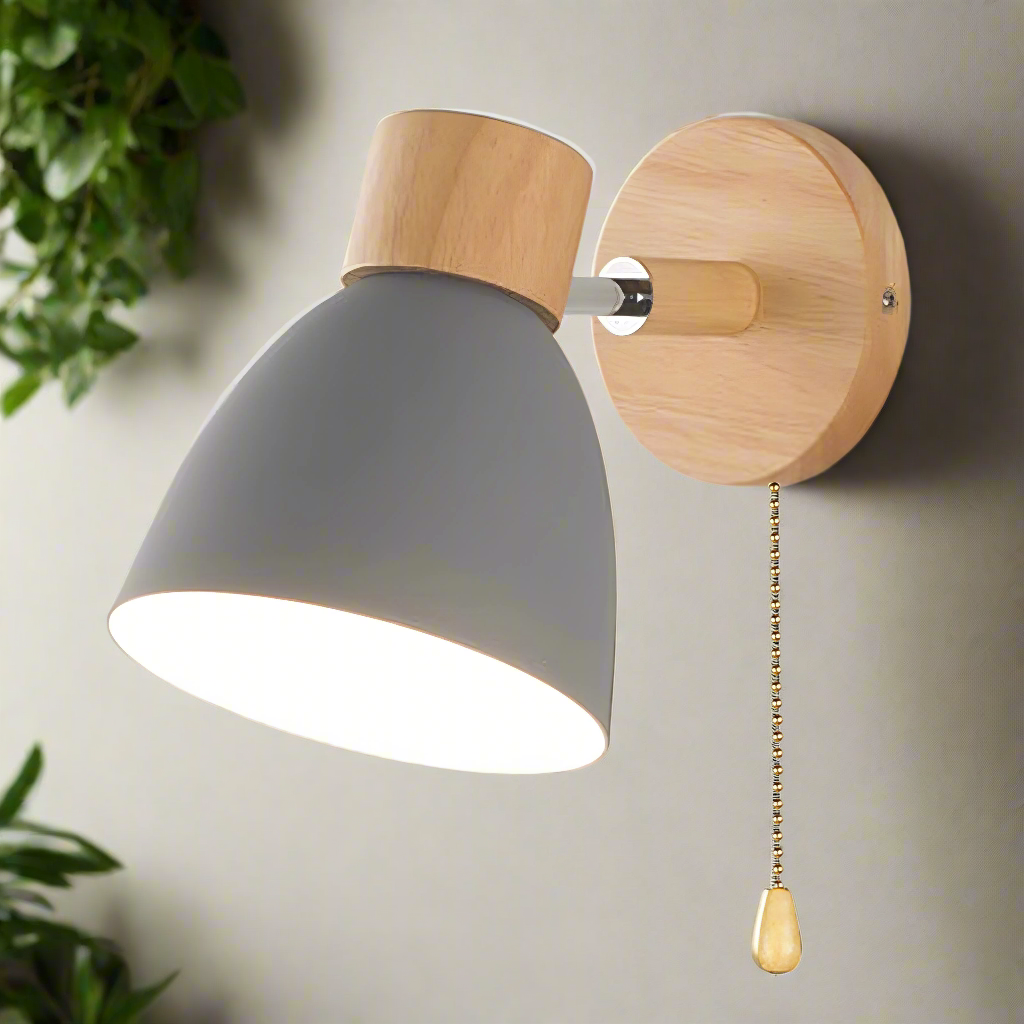 Wood & Metal Wall Sconce with Pull Chain for Bedroom, Living Room, Hallway — Simple Warm-Tone Accent Light