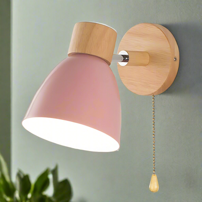 Wood & Metal Wall Sconce with Pull Chain for Bedroom, Living Room, Hallway — Simple Warm-Tone Accent Light