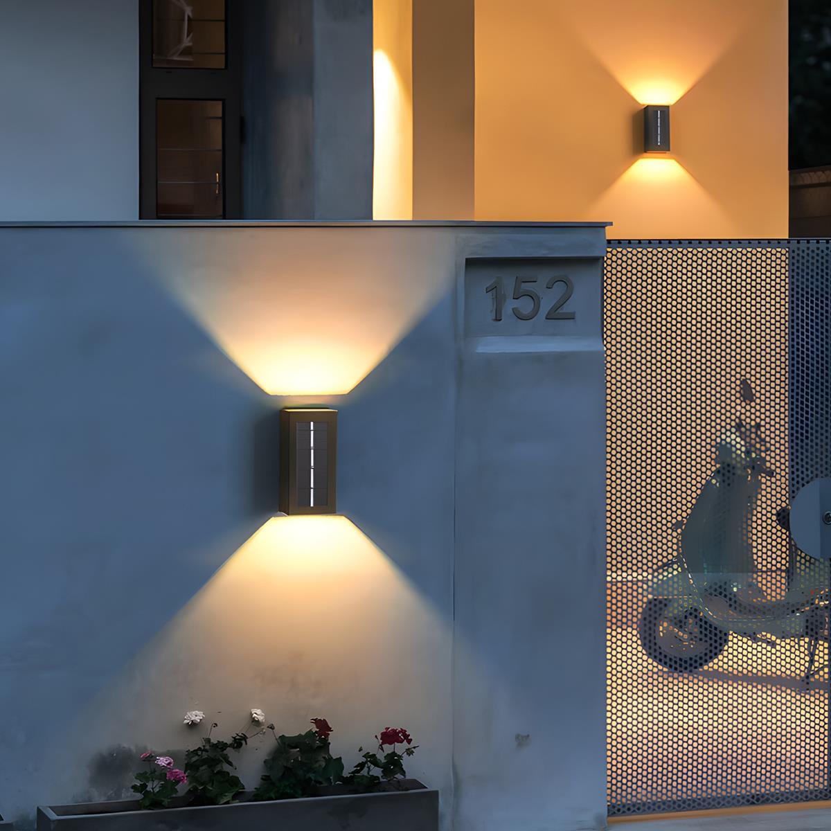 Modern Solar LED Outdoor Sconce with Remote Control Dual-Beam Up Down Light for Facade Patio Garden Entryway Weatherproof Aluminum Fixture i