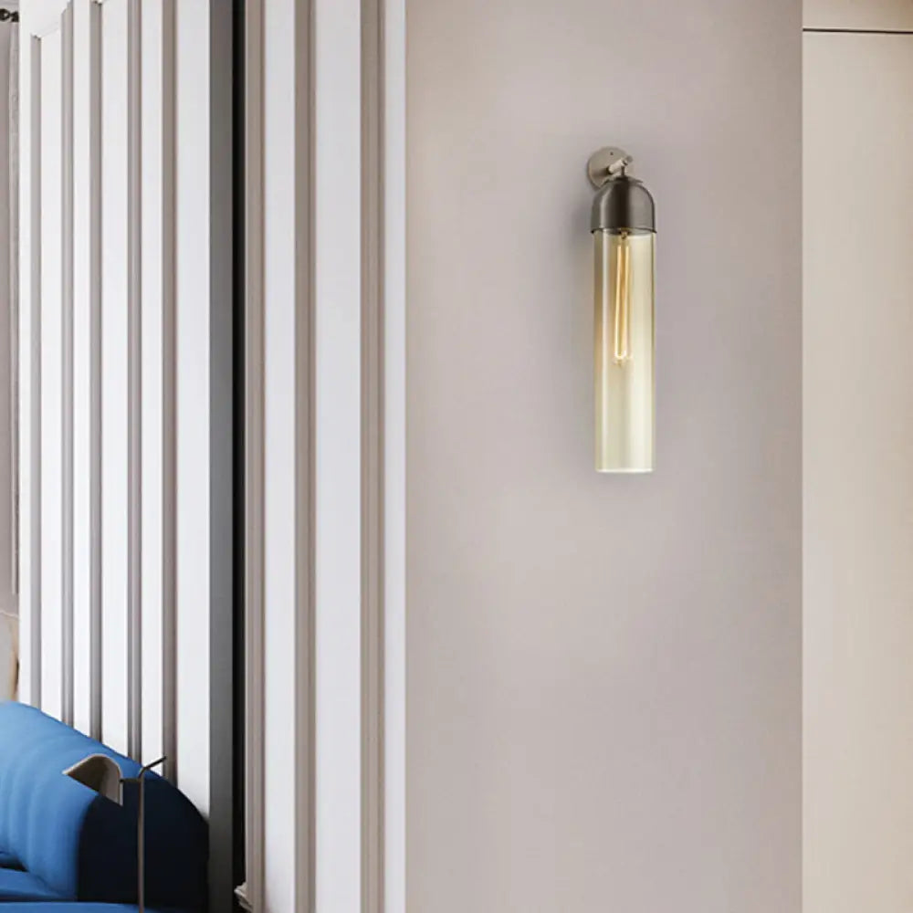 Glass Tube Wall Sconce with Arched Bracket – Single-Light Fixture for Bedroom, Hallway & Living Room – Modern Minimalist Design