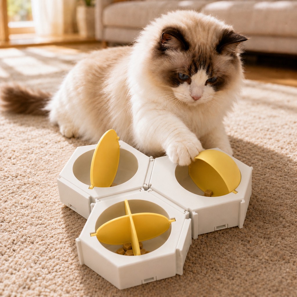Ortekor Modular Cat Puzzle Feeder Toy for Indoor Treat Time - Hexagon Slow Feeder Enrichment Game to Keep Bored Cats Busy