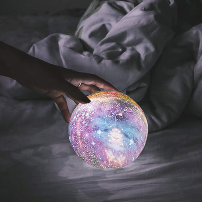 3D Printed Lunar Surface Night Light with Remote Control 16-Color LED Sphere on Wood Base for Bedroom Desk Space Decor