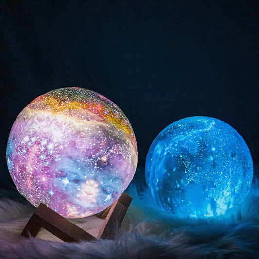 3D Printed Lunar Surface Night Light with Remote Control 16-Color LED Sphere on Wood Base for Bedroom Desk Space Decor