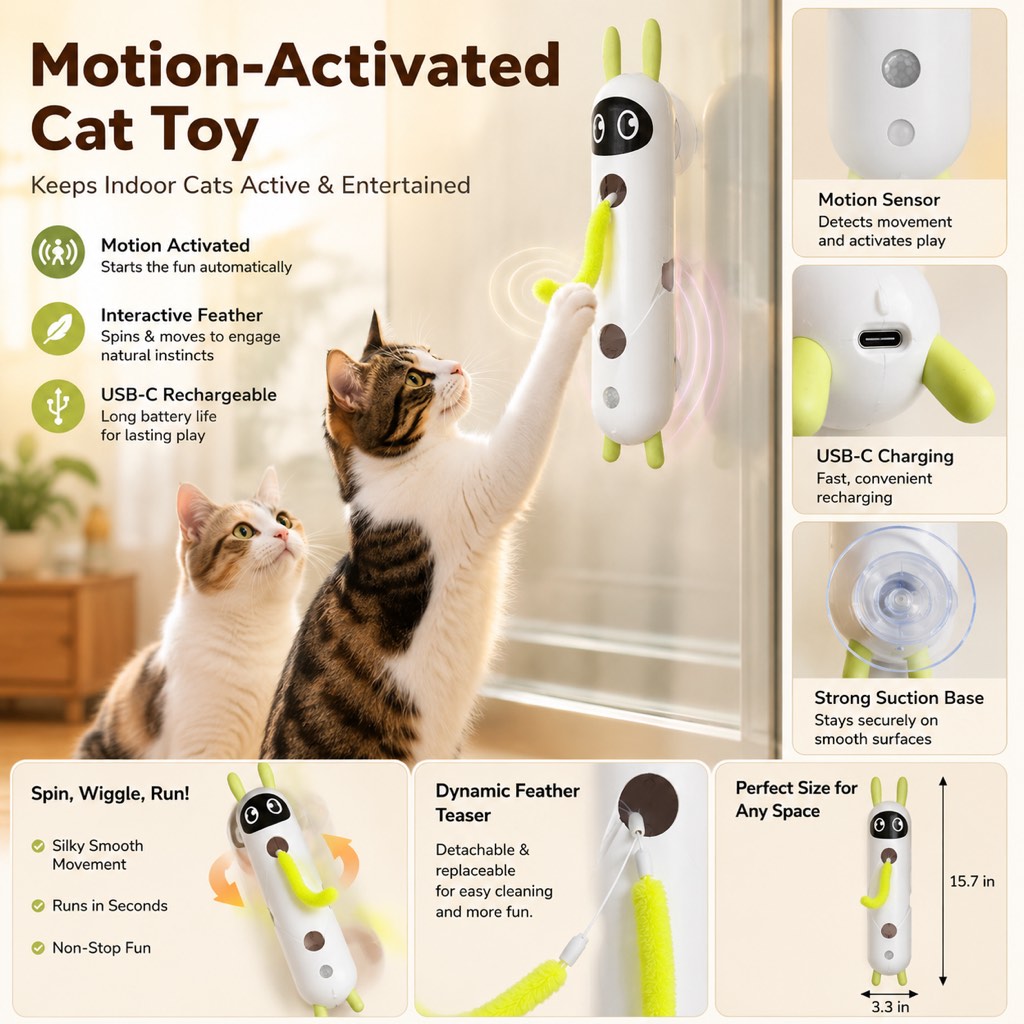 Ortekor Motion-Activated Feather Cat Toy for Indoor Play - Wall-Mounted Teaser That Keeps Bored Cats Busy