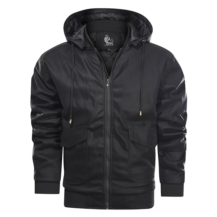 Hooded Faux Leather Jacket with Removable Hood – Waterproof Motorcycle Jacket for Men