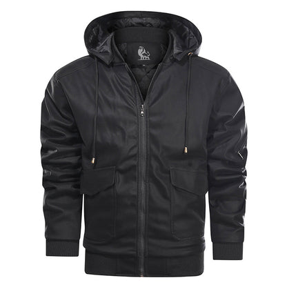 Hooded Faux Leather Jacket with Removable Hood – Waterproof Motorcycle Jacket for Men