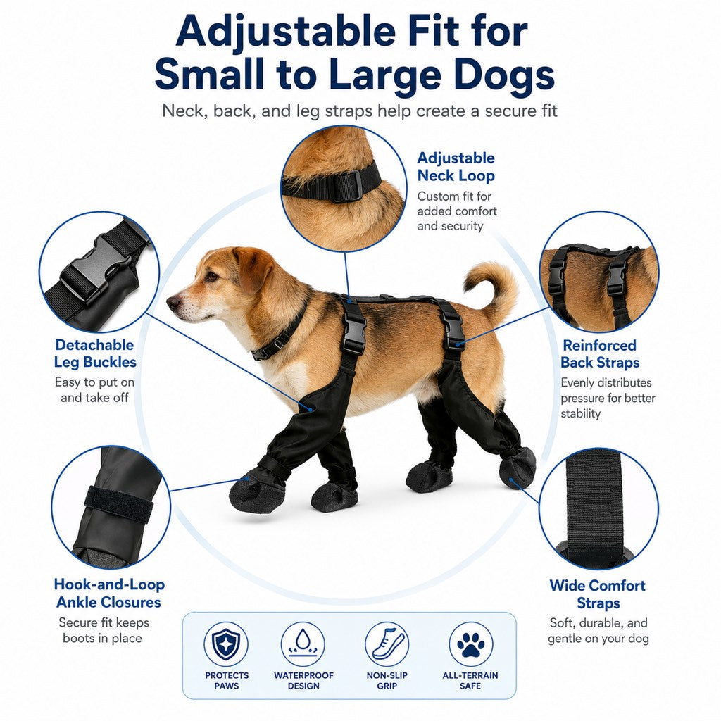 Ortekor Stay-On Waterproof Dog Walking Boots for Rain, Mud & Hot Pavement - Anti-Slip Paw Protection Suit