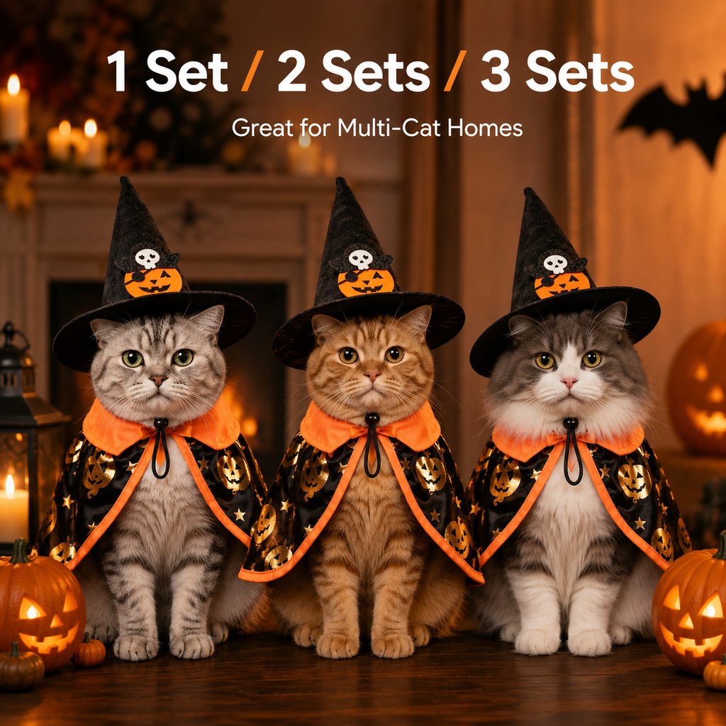 Ortekor Halloween Cat Witch Hat & Cape Costume Set for Party Photos - Easy Festive Look for Cats