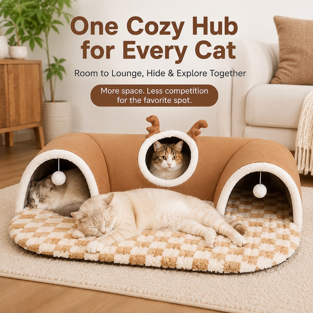 Ortekor 3-in-1 Multi-Cat Tunnel Bed & Play Mat for Indoor Cats - Spacious Cozy Hideaway for Shared Rest, Play & Less Bed Competition