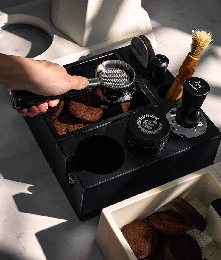 Espresso Tamping Mat with Integrated Knock Box for Home Baristas – Adjustable Portafilter Rest & Grounds Container