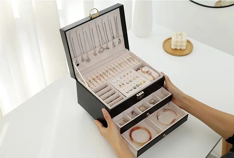 Stackable Jewelry Organizer Box Black 9×7×5 Inch Multi-Compartment Ring Necklace Earring Holder for Dresser Bedroom Vanity Tabletop Storage