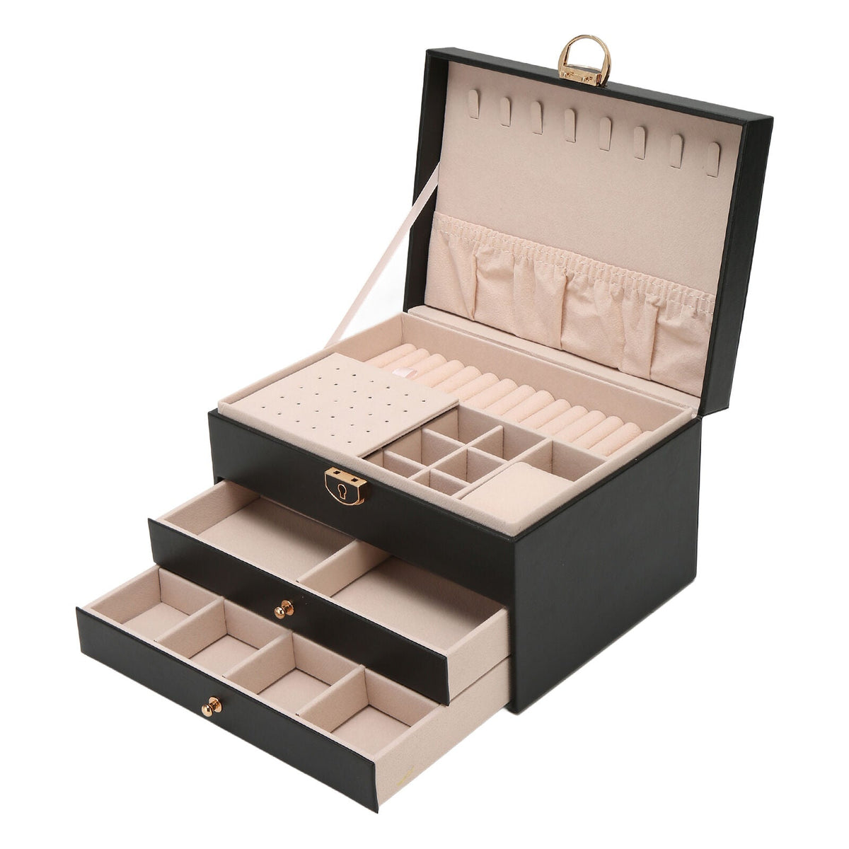 Stackable Jewelry Organizer Box Black 9×7×5 Inch Multi-Compartment Ring Necklace Earring Holder for Dresser Bedroom Vanity Tabletop Storage
