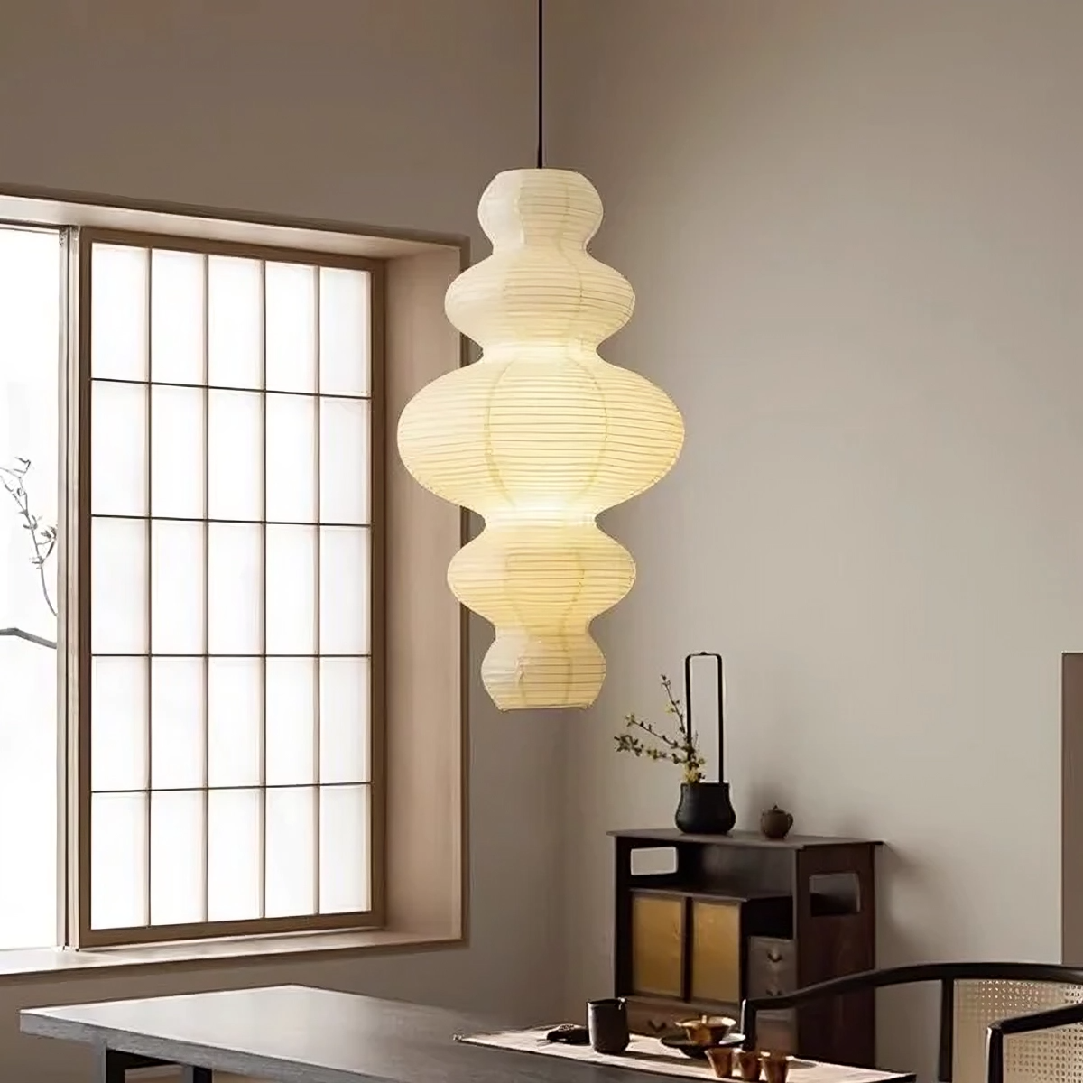 Layered Rice Paper Pendant Light for Dining Room, Contemporary Ceiling Lamp with Adjustable Height, 18 in Diameter Hanging Light Fixture
