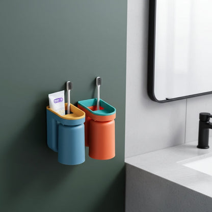Wall-Mount Toothbrush Caddy Adhesive Bathroom Organizer 4.9 in Drill-Free Toothpaste Cup Holder for Sink Counter Space Saving