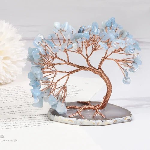 Handcrafted Gemstone Wire Sculpture with Natural Blue-Green Mineral Chips on Stone Base for Desk, Shelf, Meditation Space