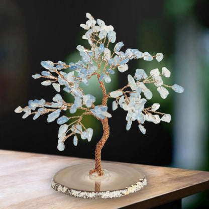 Natural Stone Bonsai Sculpture with Blue-Green Crystals for Desk, Shelf, Office & Meditation Spaces, Handcrafted Wire Branch Accent Piece