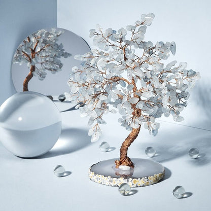 Natural Stone Bonsai Sculpture with Blue-Green Crystals for Desk, Shelf, Office & Meditation Spaces, Handcrafted Wire Branch Accent Piece