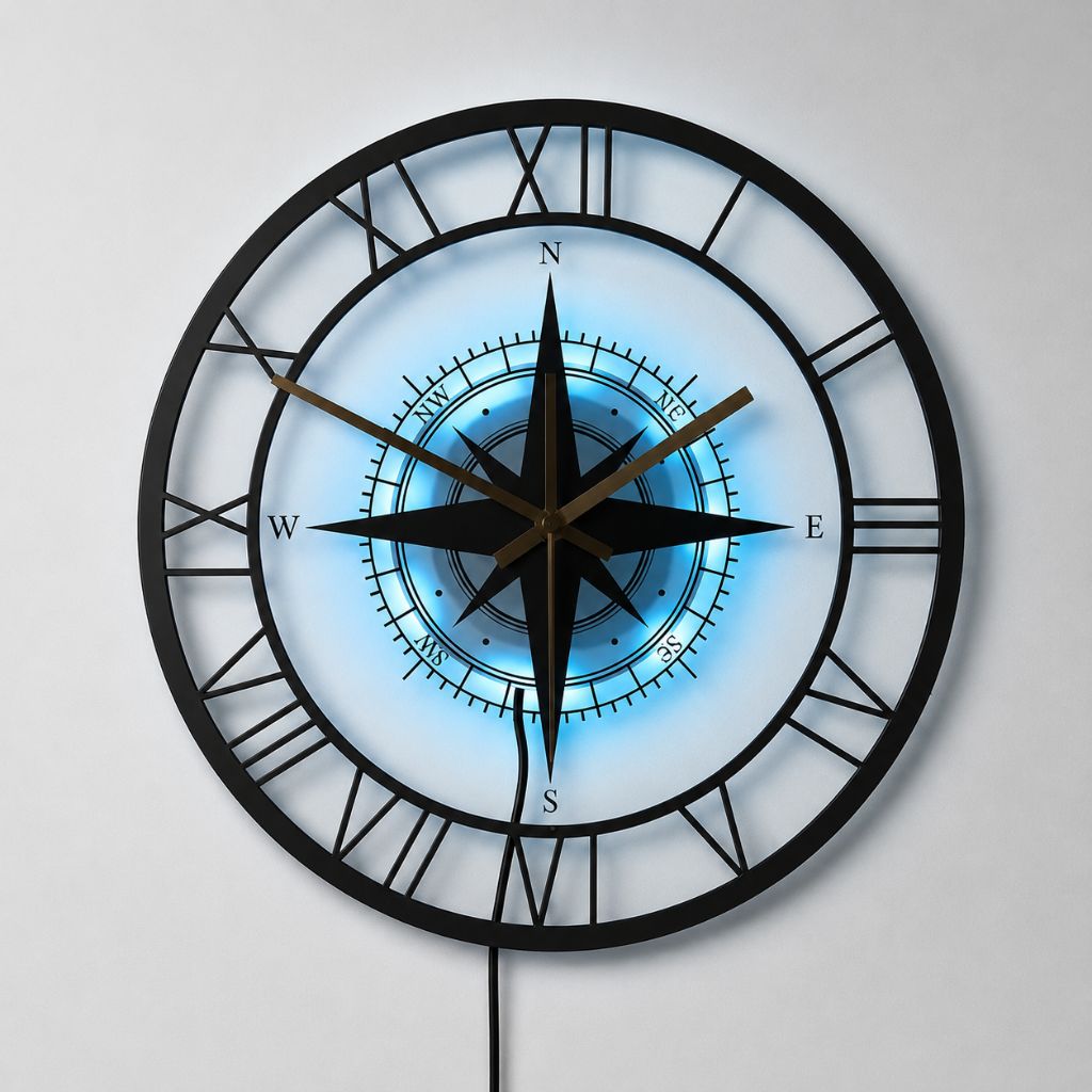 Silent Wall Clock with Wind Rose Design for Home – 12 Inch Round Modern Timepiece – Coastal Decor for Living Room, Kitchen, Study