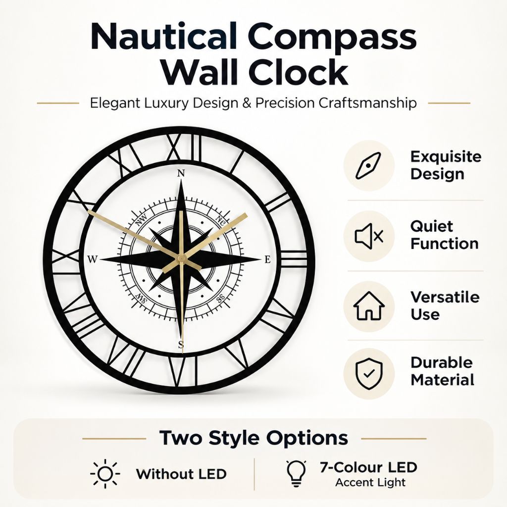 Silent Wall Clock with Wind Rose Design for Home – 12 Inch Round Modern Timepiece – Coastal Decor for Living Room, Kitchen, Study